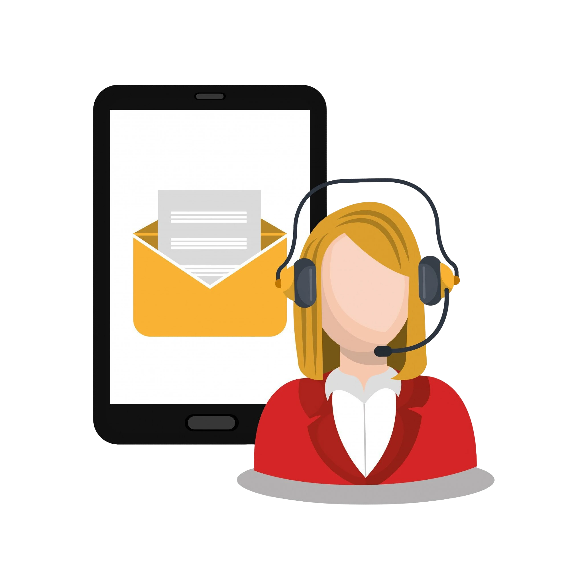 Contact Us illustration with a customer support representative wearing a headset and a smartphone displaying an email icon.