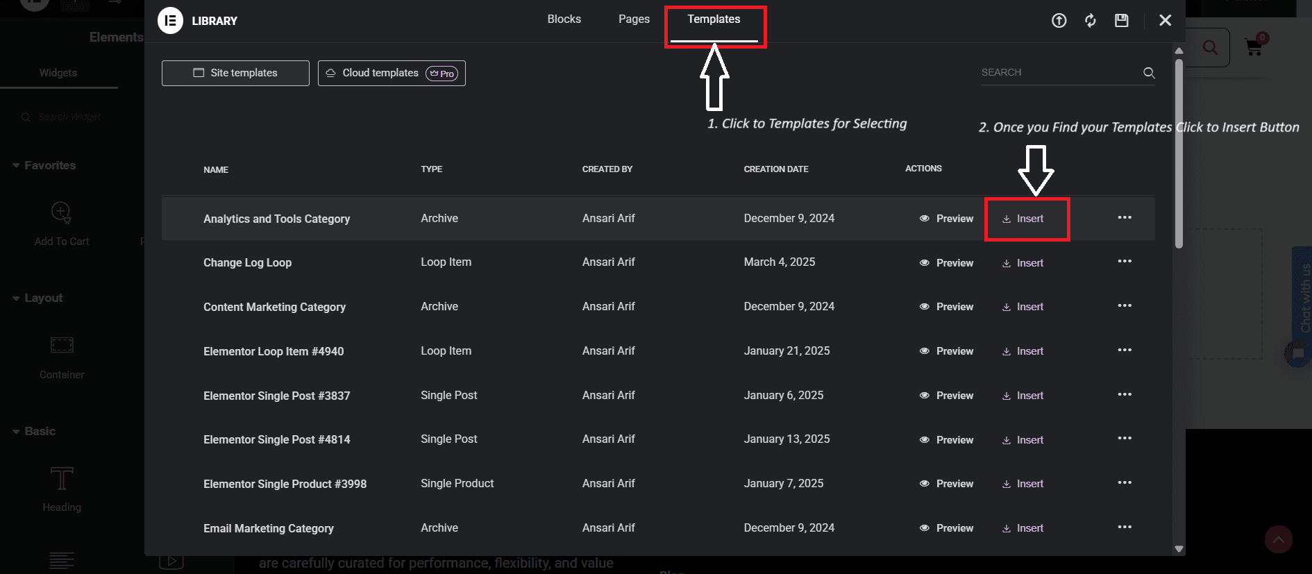How to Select and Insert Templates in Elementor Buiding Page.
