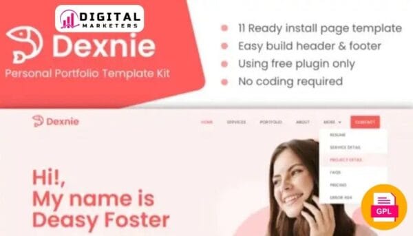 Dexnie - Personal Portfolio Elementor Template Kit [GPL]